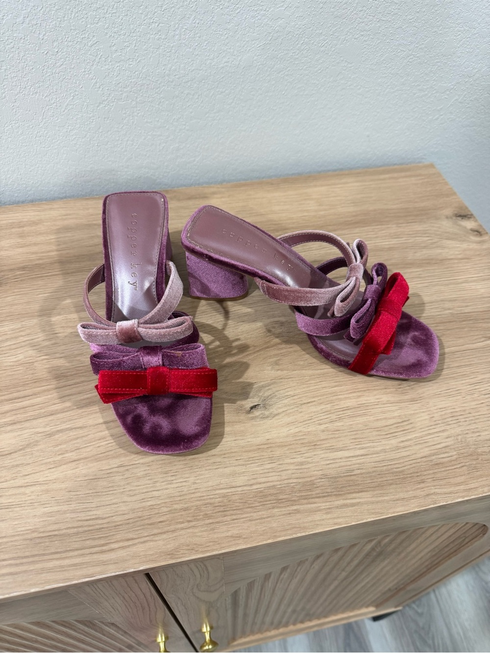 Copper Key Velvet Block Heels with Bows